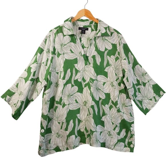 TAHARI Tops - TAHARI,  1X, Linen, Green/White Floral Print Tunic Top, V Neck, Full Cut Beachy
